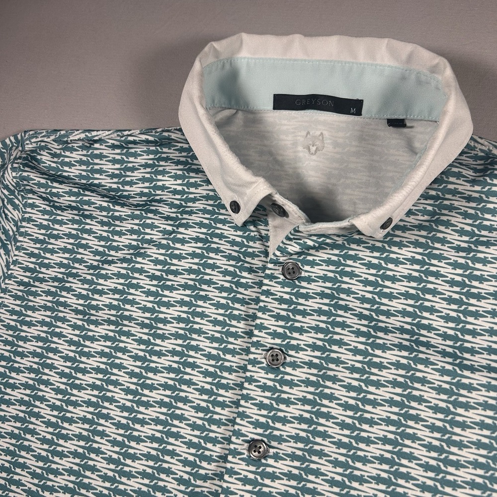 Greyson Golf Polo Mens Medium Ponte Vedra Inn & Club Alligator Print Teal White